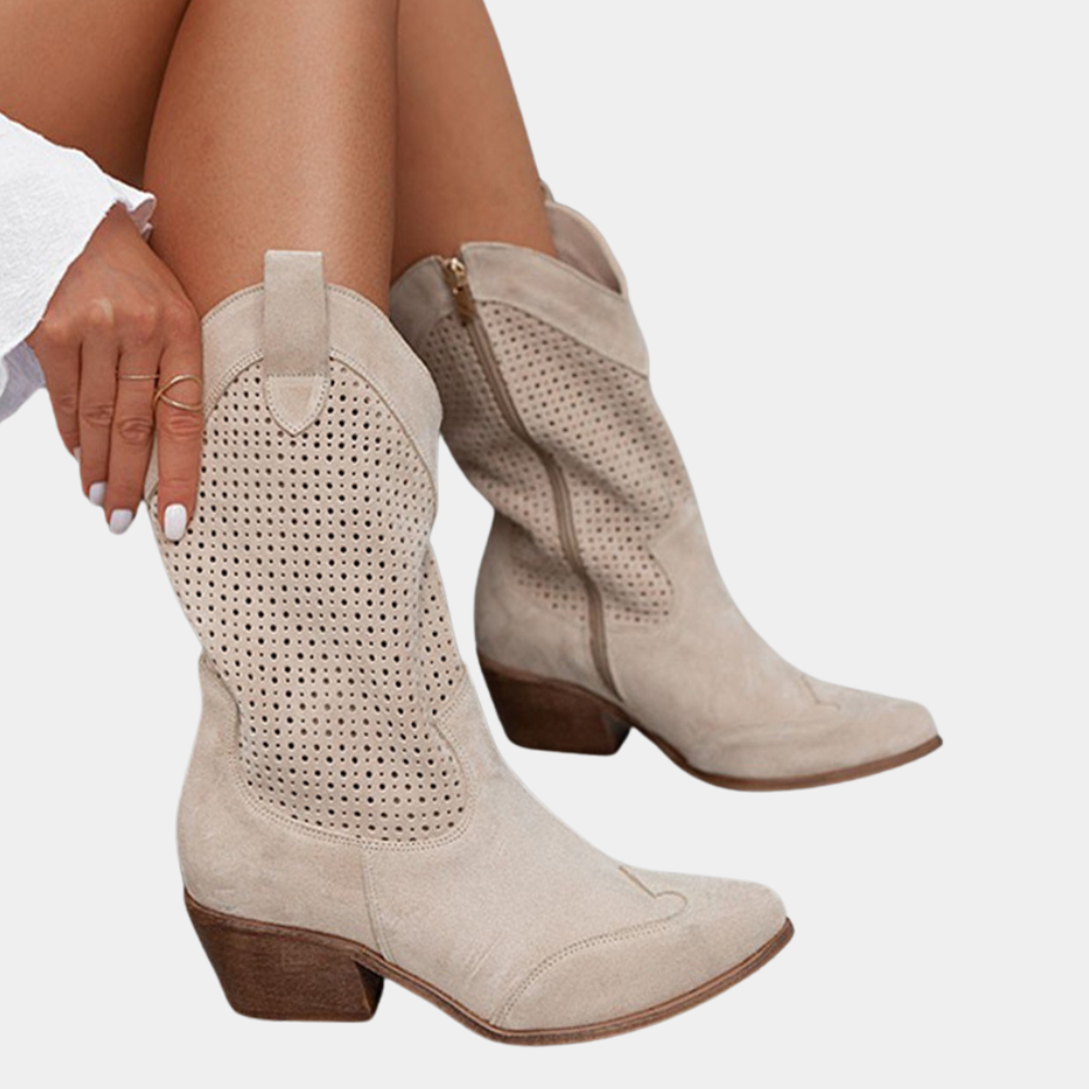 Women's perforated cowboy boots with almond toes, side zips and block heels