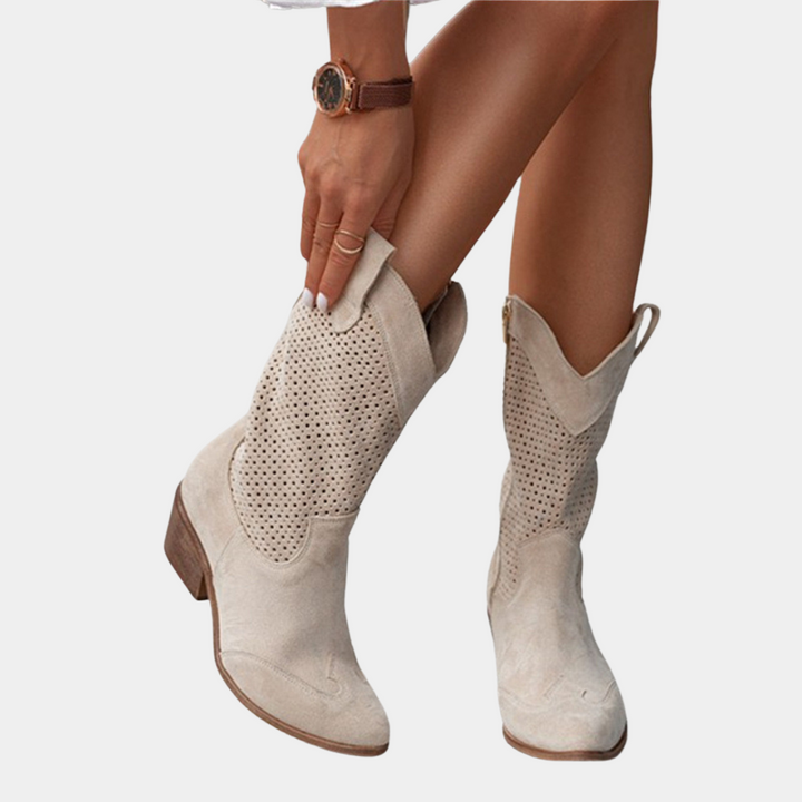 Women's perforated cowboy boots with almond toes, side zips and block heels