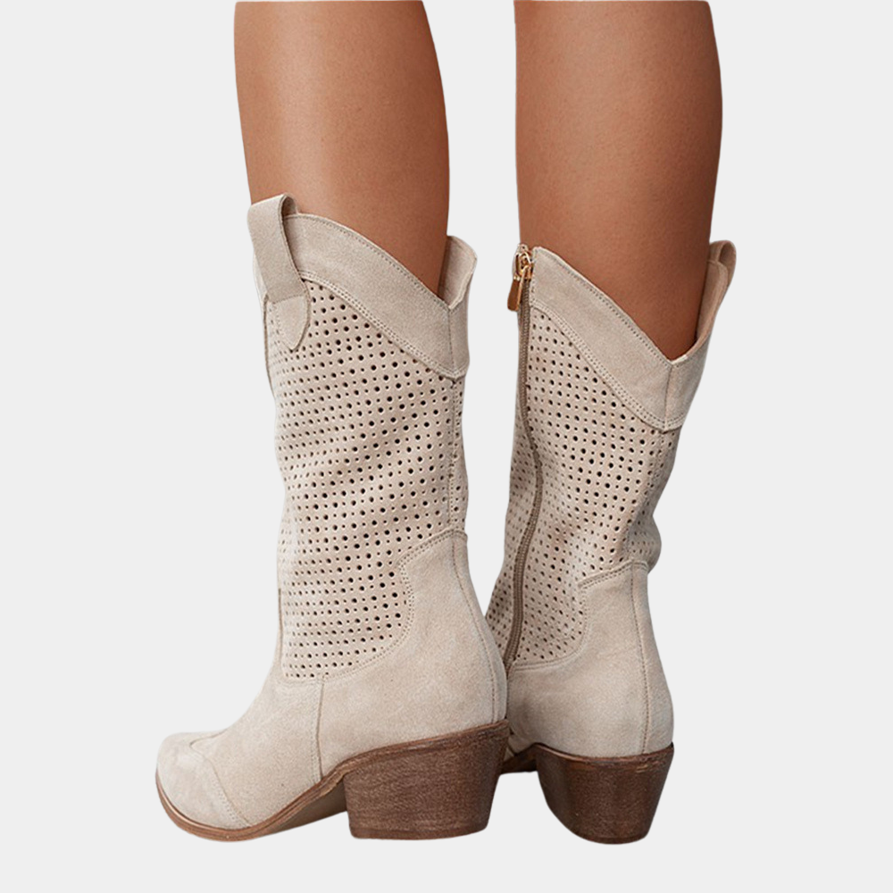 Women's perforated cowboy boots with almond toes, side zips and block heels