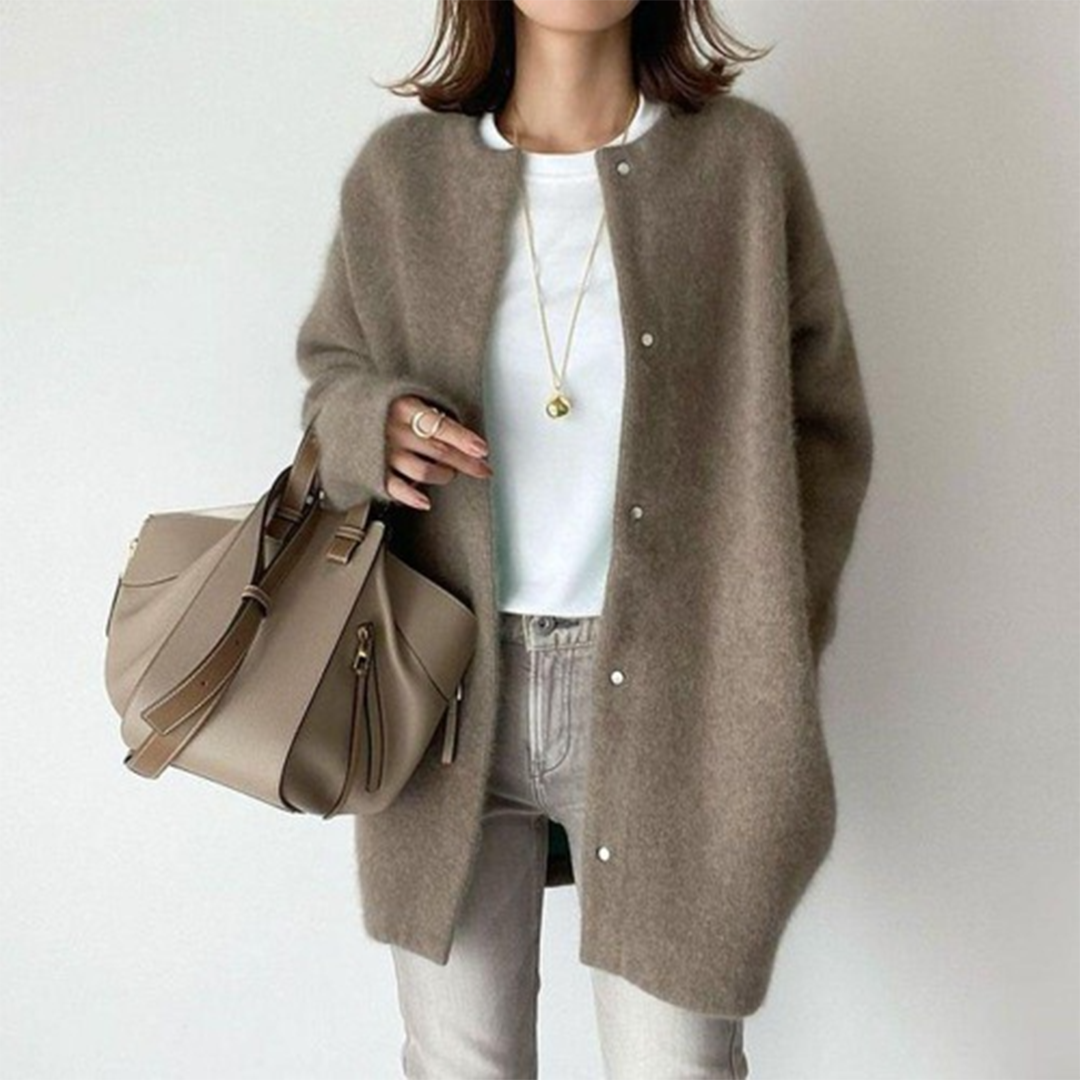 Women's longline button cardigan with round neckline and long sleeves