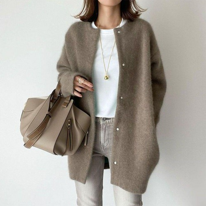 Women's longline button cardigan with round neckline and long sleeves