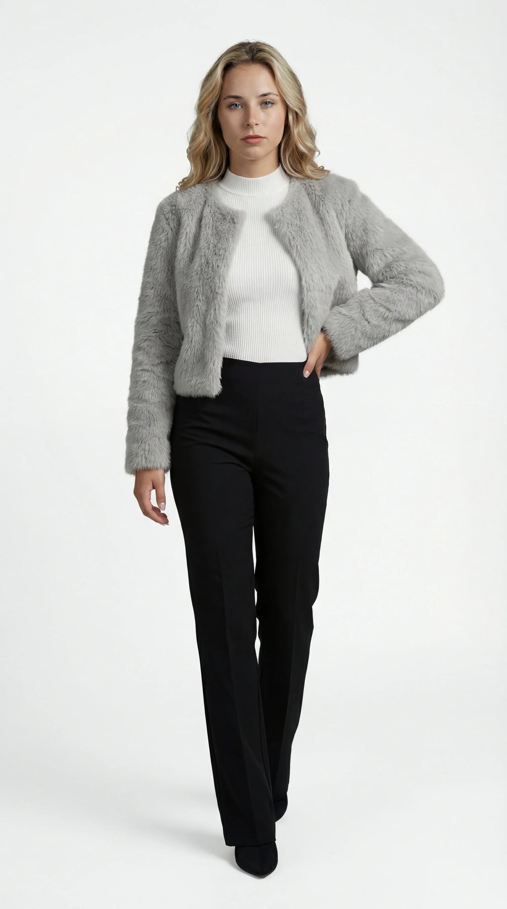 Women's cropped faux fur jacket with an open front and long sleeves