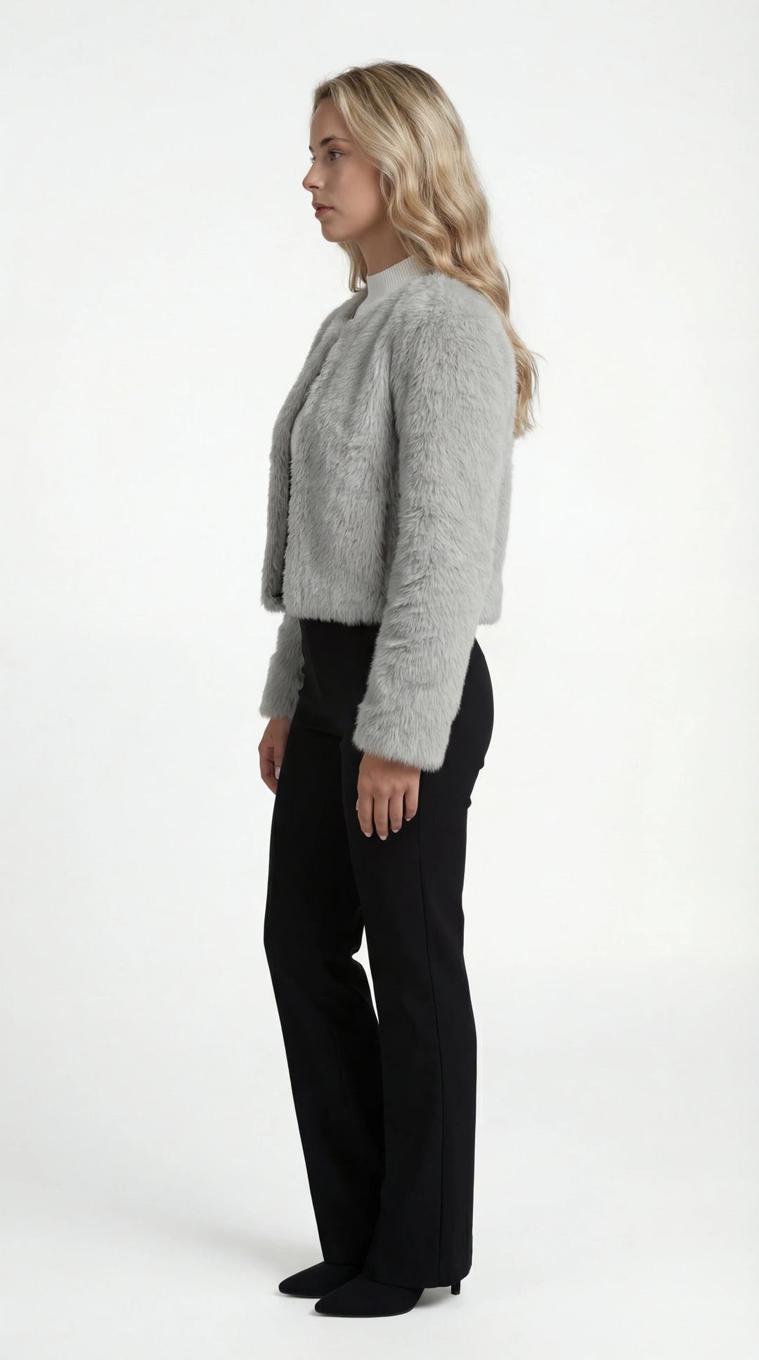 Women's cropped faux fur jacket with an open front and long sleeves