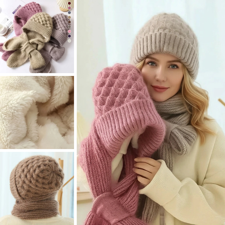Women's ribbed knit winter hat and scarf set with full head and neck coverage