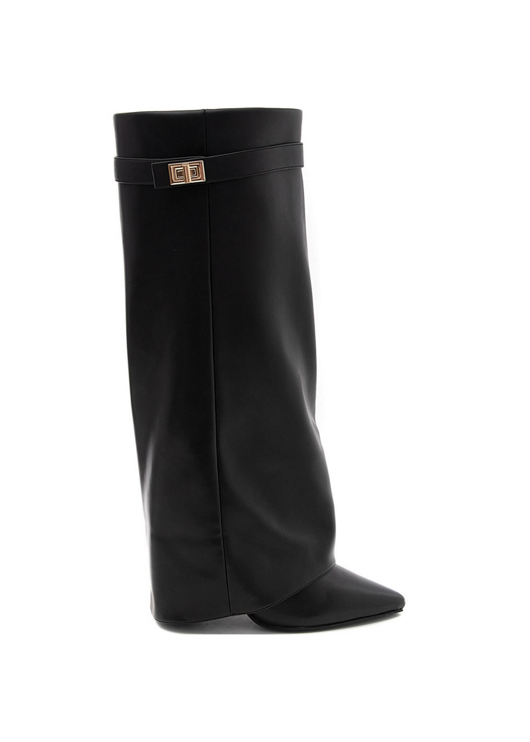 Black knee-high boots with pointed toes, low heels and buckle straps