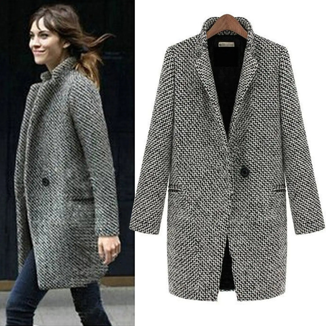 Women's long black and white houndstooth coat with lapels and button front
