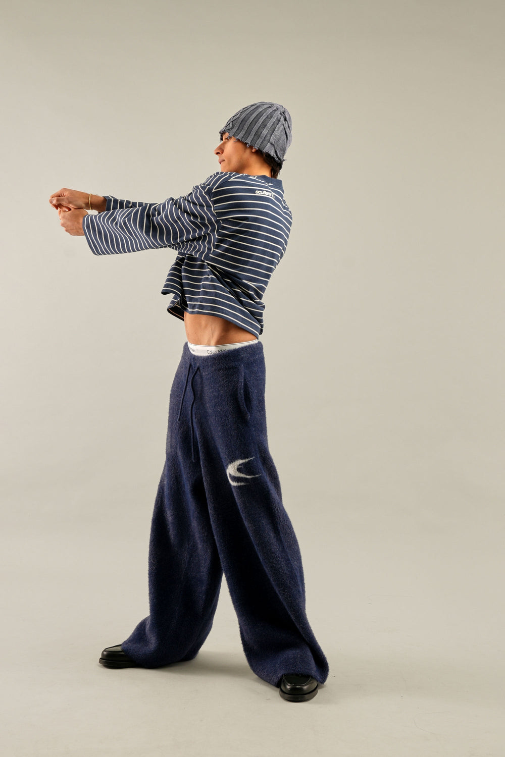 Women's navy and light striped crew neck jumper with long sleeves