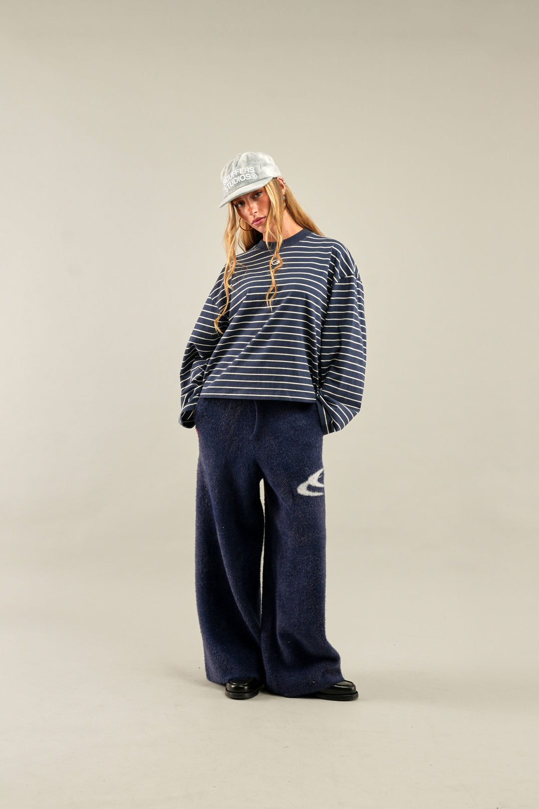 Women's navy and light striped crew neck jumper with long sleeves