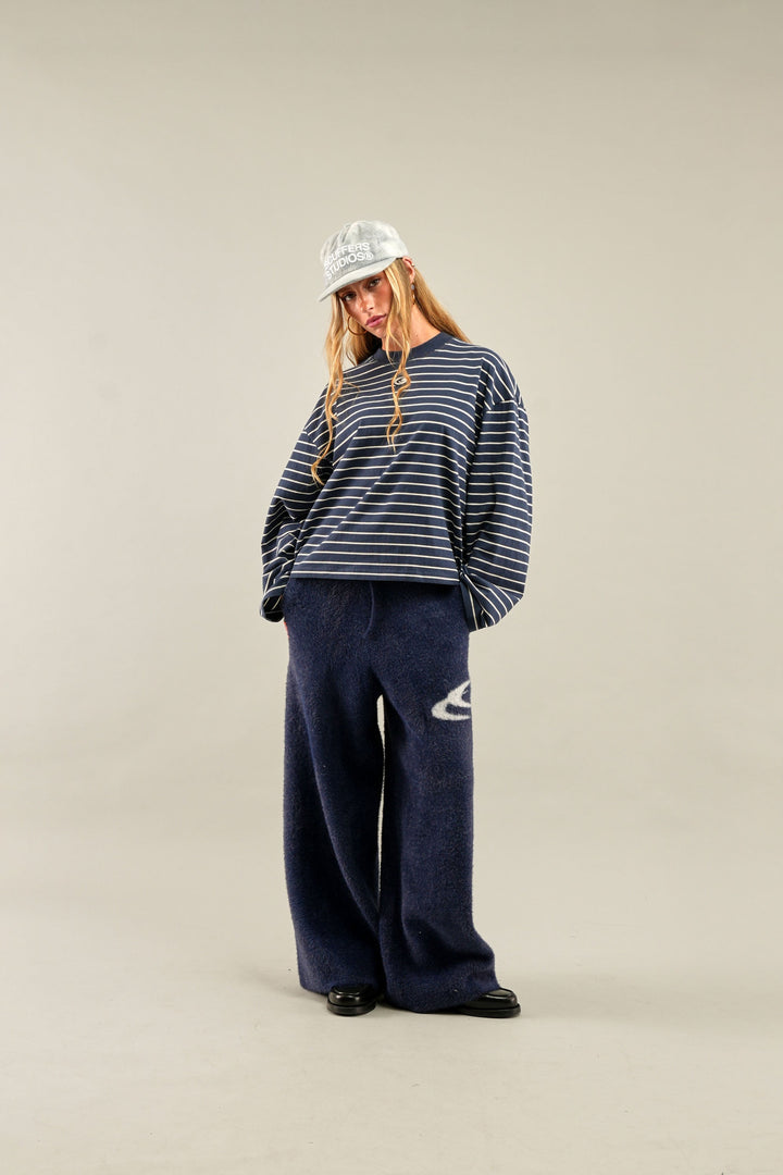 Women's navy and light striped crew neck jumper with long sleeves