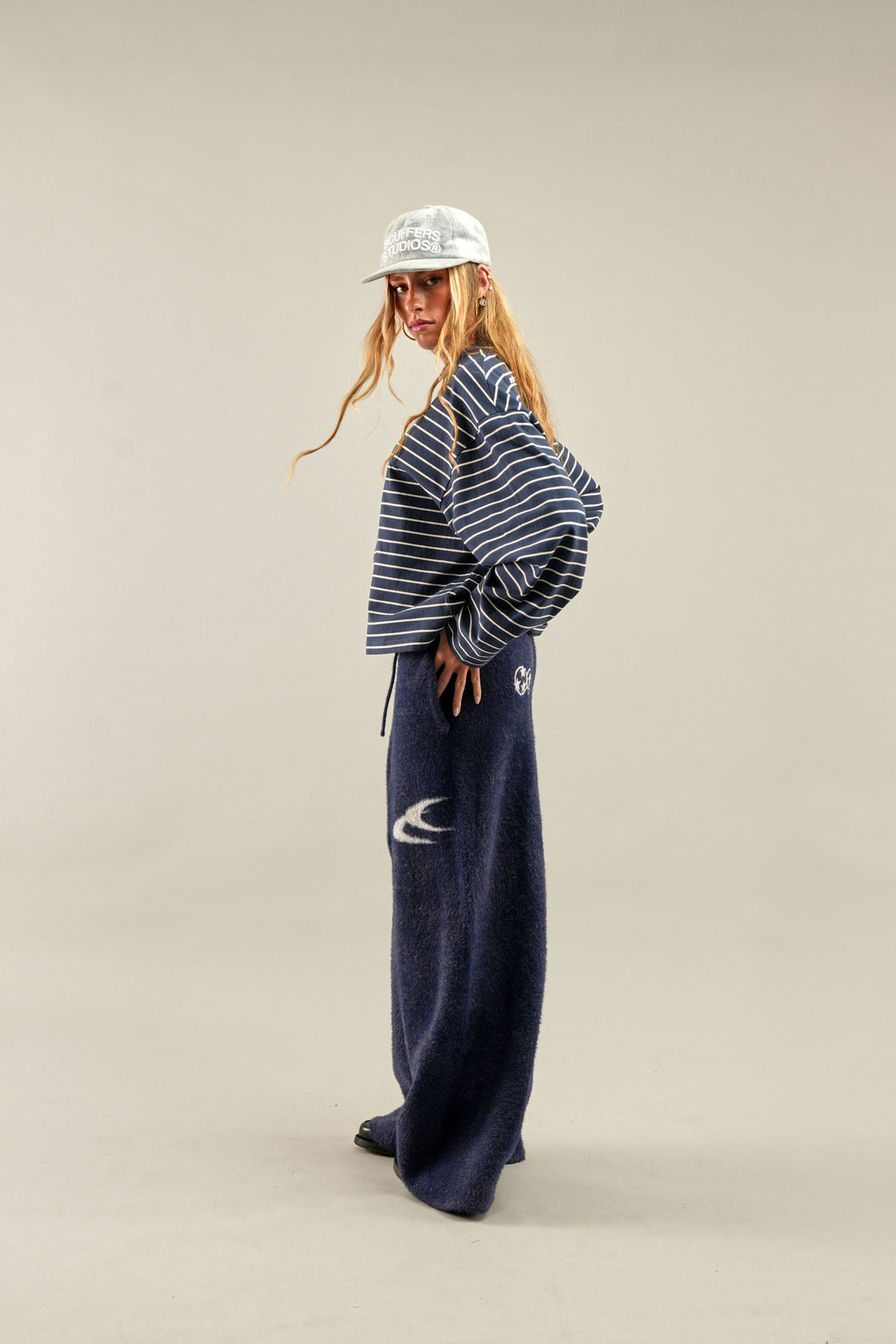 Women's navy and light striped crew neck jumper with long sleeves