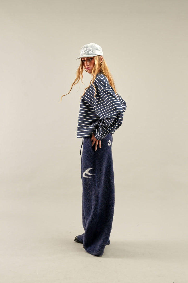 Women's navy and light striped crew neck jumper with long sleeves