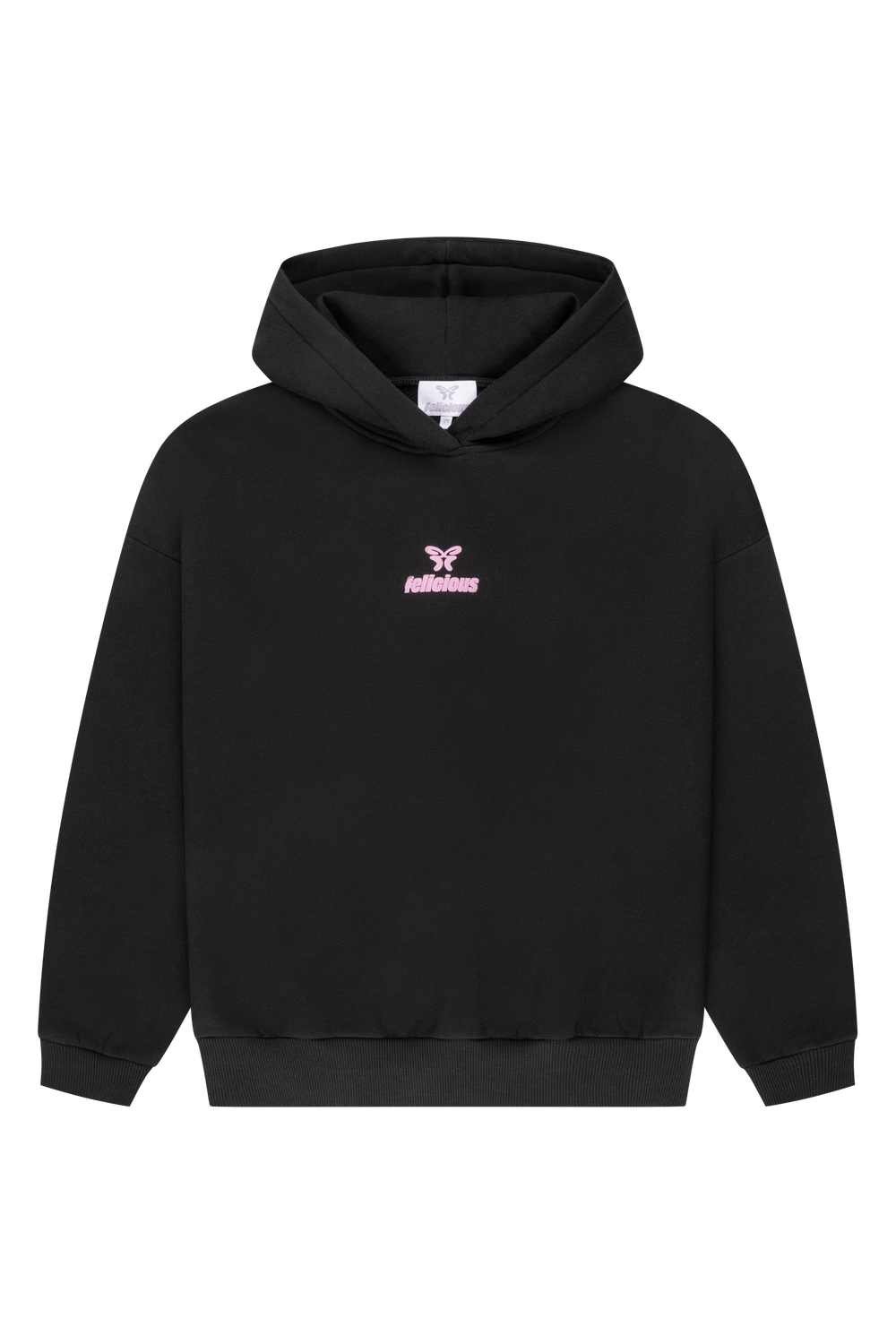 Women's black hooded sweatshirt with pink logo and ribbed trims