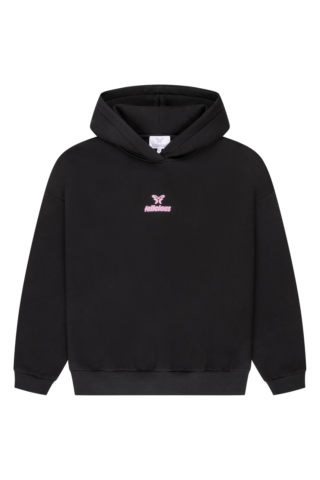 Women's black hooded sweatshirt with pink logo and ribbed trims