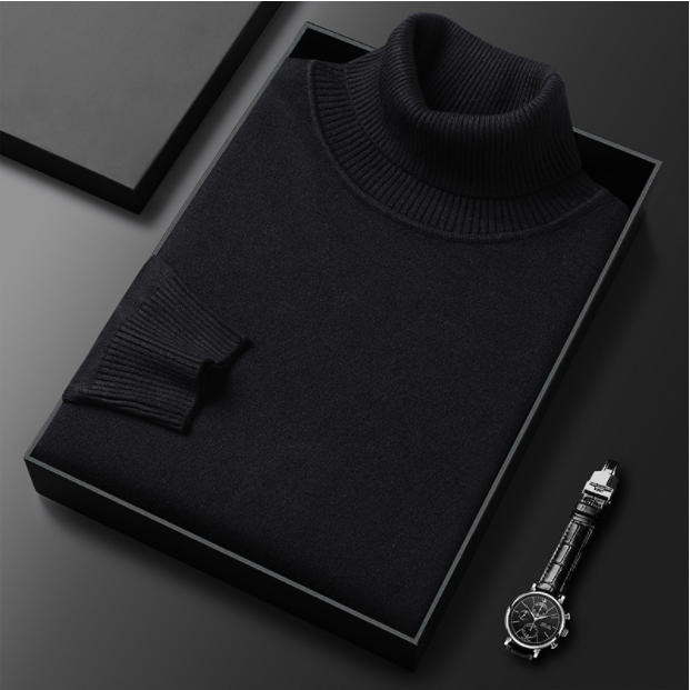 Folded solid ribbed turtleneck sweater with long sleeves