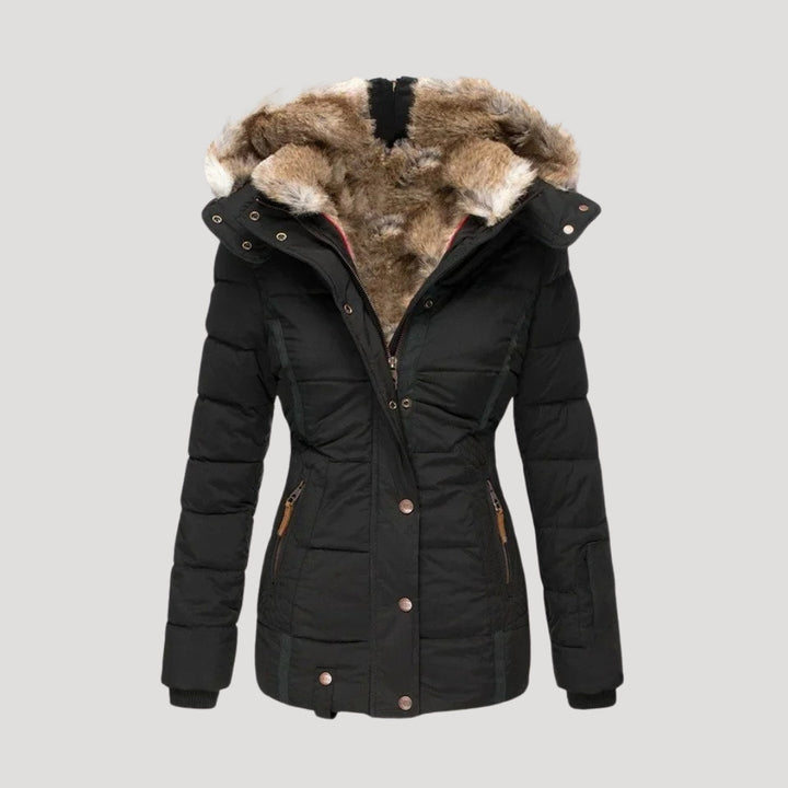 Women's quilted winter coat with fur-trim hood and long sleeves