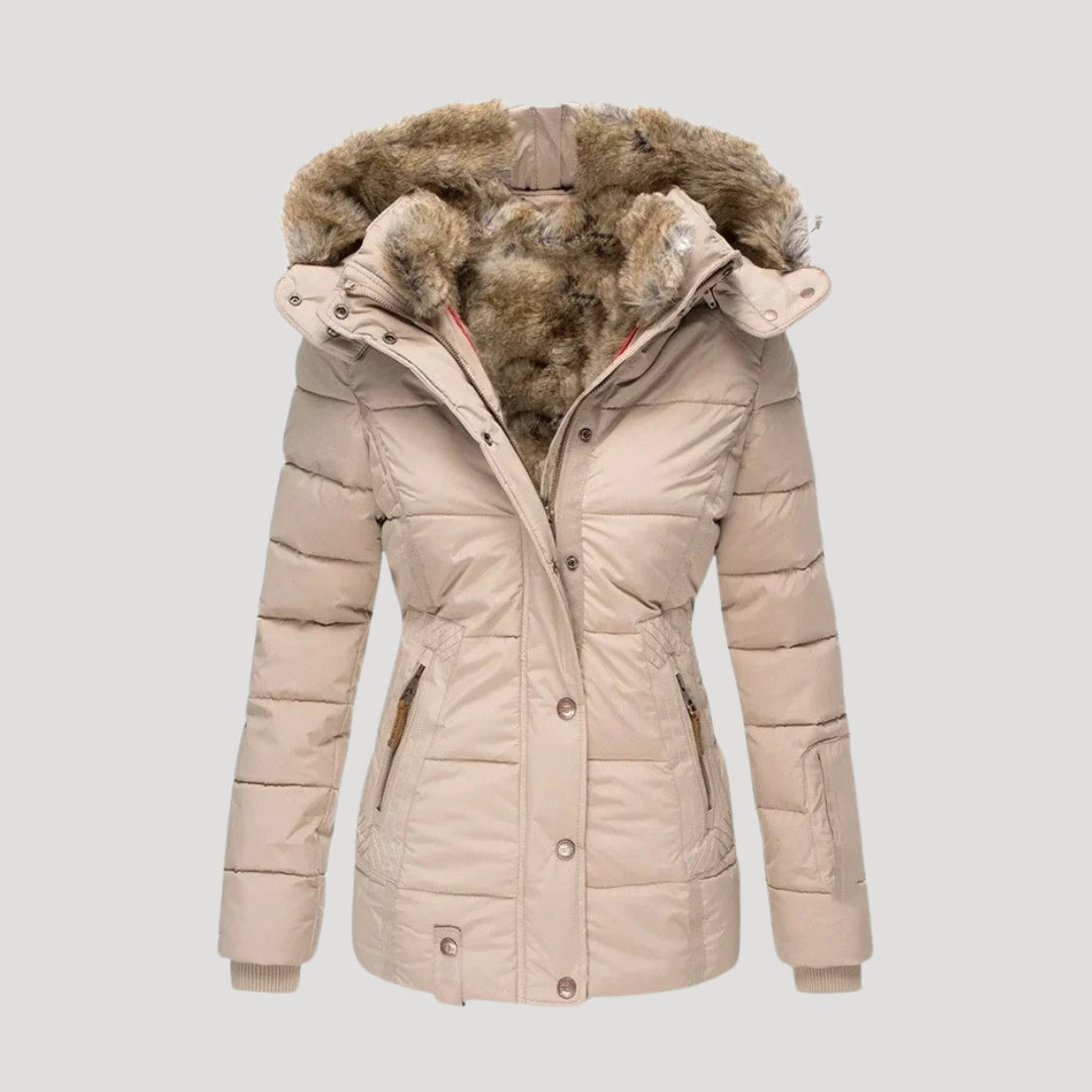 Women's quilted winter coat with fur-trim hood and long sleeves