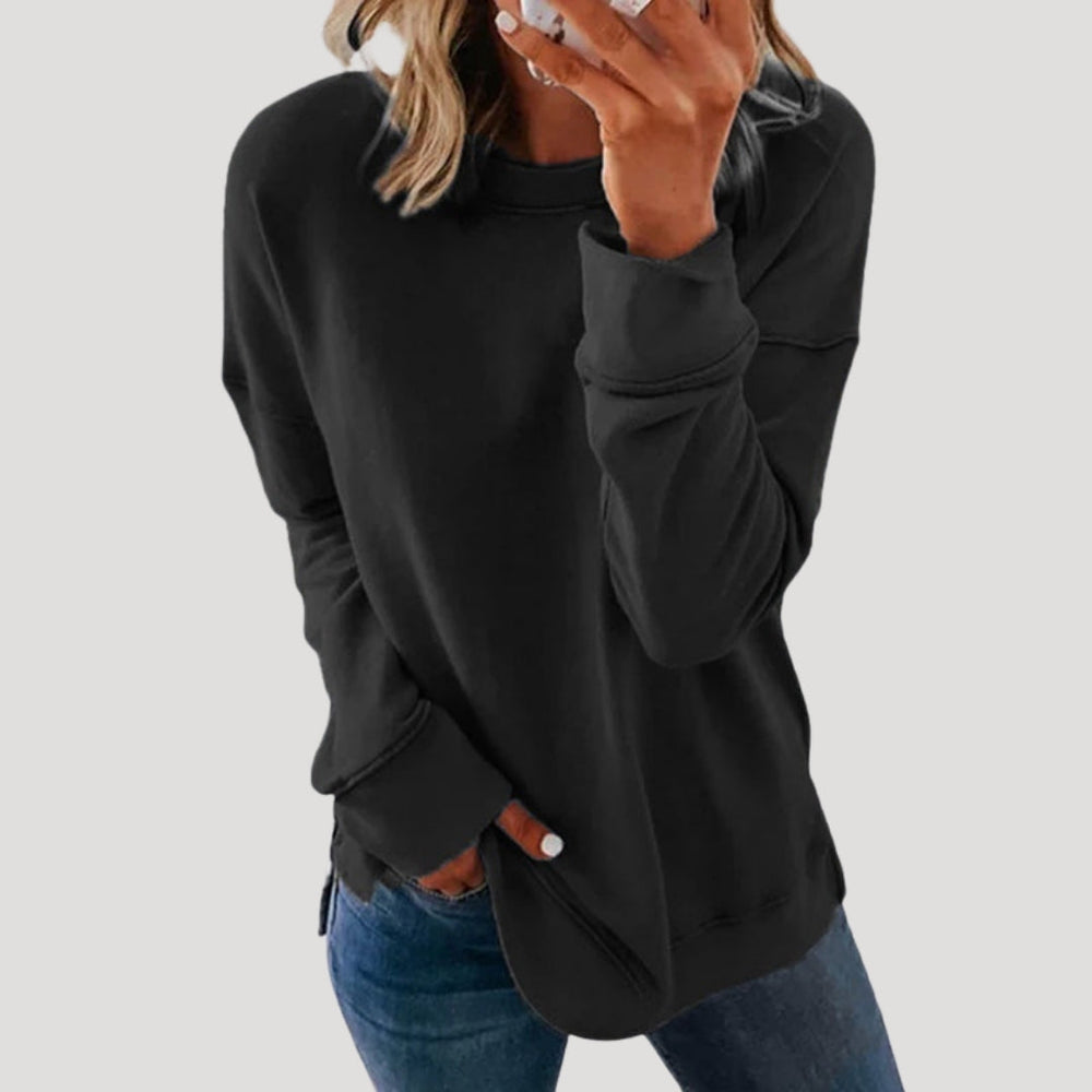 Women's oversized plain crew neck sweater with long sleeves and rounded hem