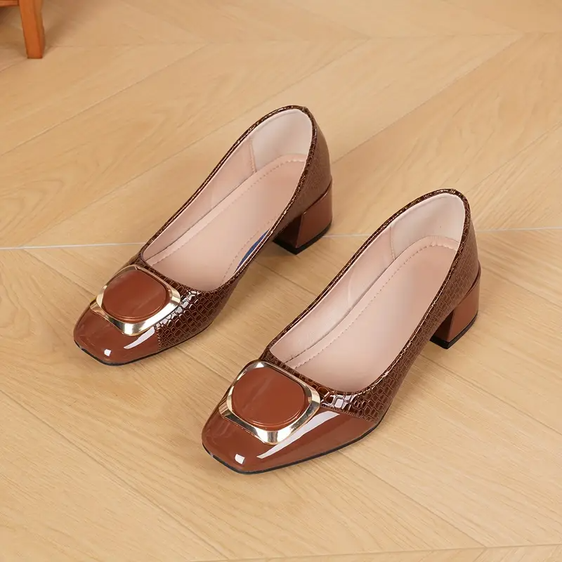 Women's textured almond toe shoes with side buckle and block heel