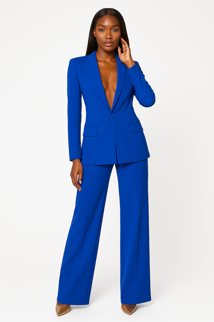 Women's tailored blazer and wide leg trousers set with notched lapels and flap pockets