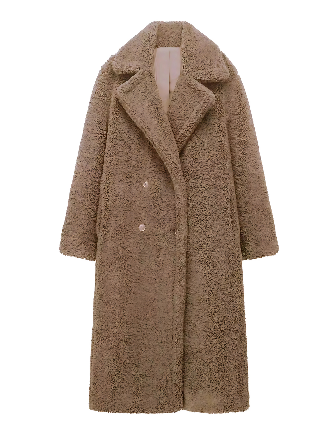 Women's long textured teddy coat with notched lapels and button front