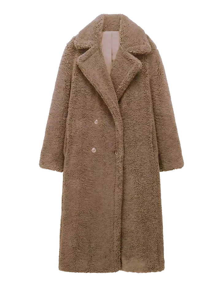 Women's long textured teddy coat with notched lapels and button front