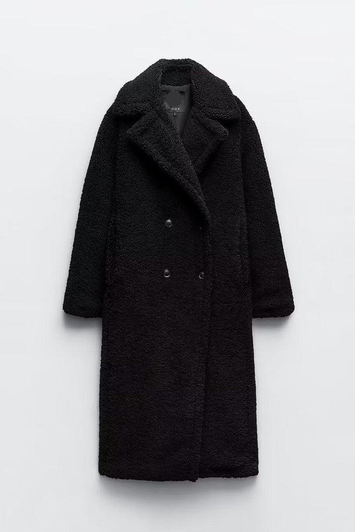 Women's long textured teddy coat with notched lapels and button front