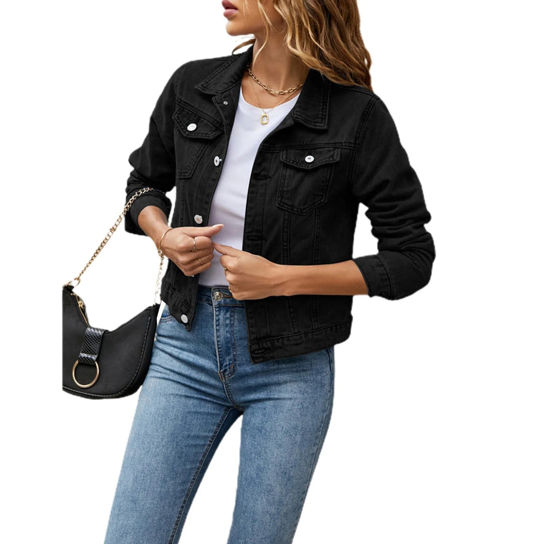 Women's collared denim jacket with long sleeves, button front and chest flap pockets