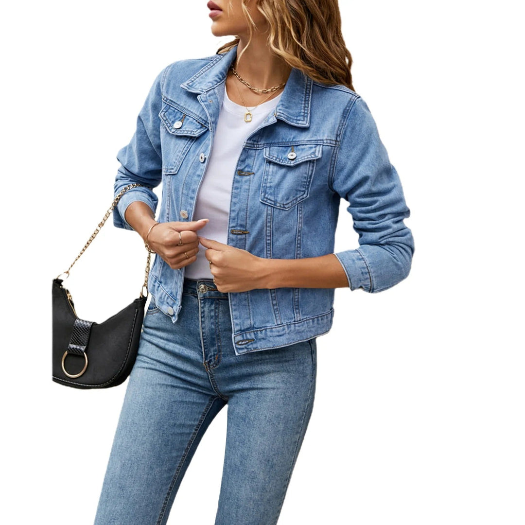 Women's collared denim jacket with long sleeves, button front and chest flap pockets