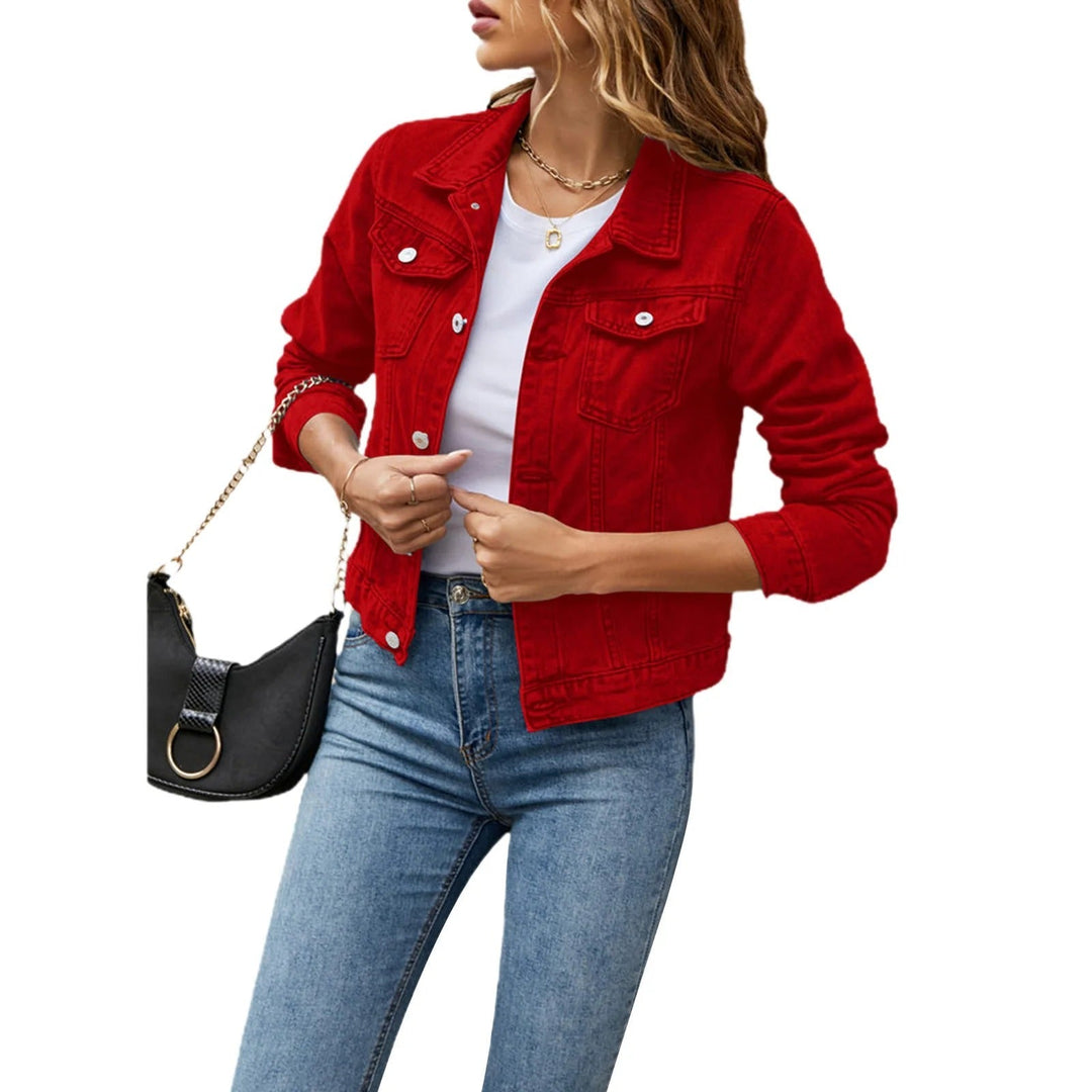 Women's collared denim jacket with long sleeves, button front and chest flap pockets