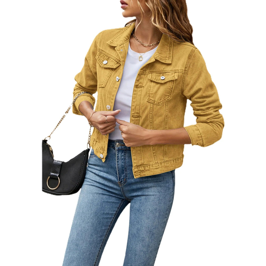 Women's collared denim jacket with long sleeves, button front and chest flap pockets
