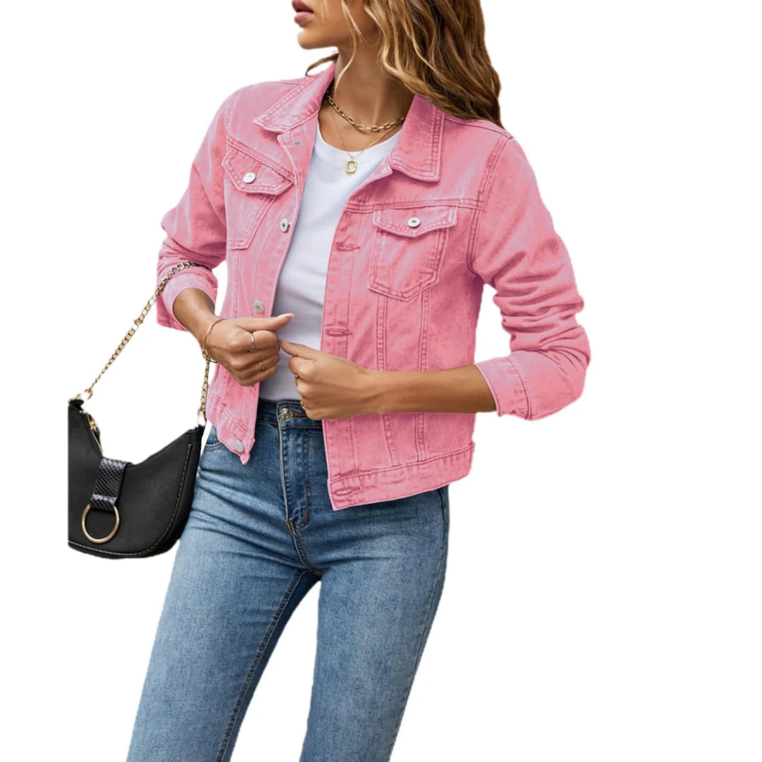 Women's collared denim jacket with long sleeves, button front and chest flap pockets