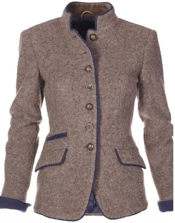 Women's brown button front jacket with stand collar, contrast edging and flap pockets