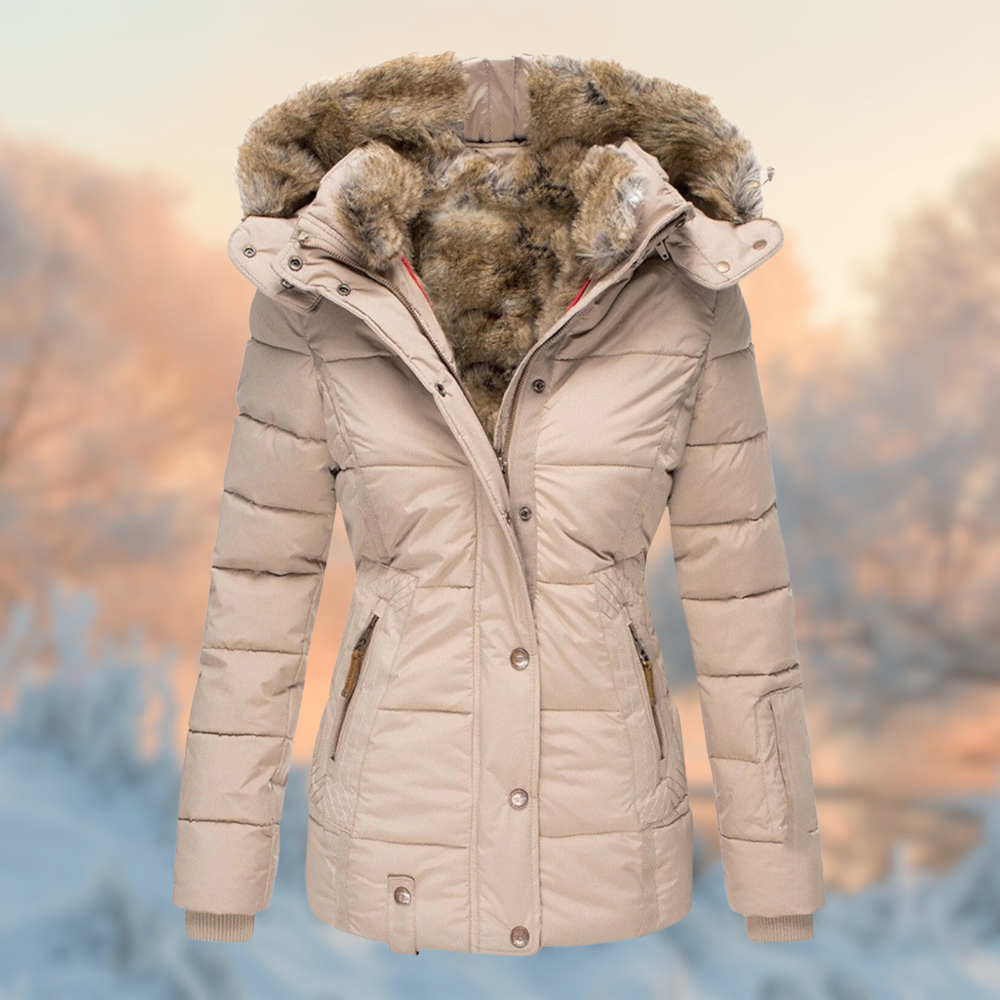 Women's padded winter jacket with furry hood lining and zipped pockets