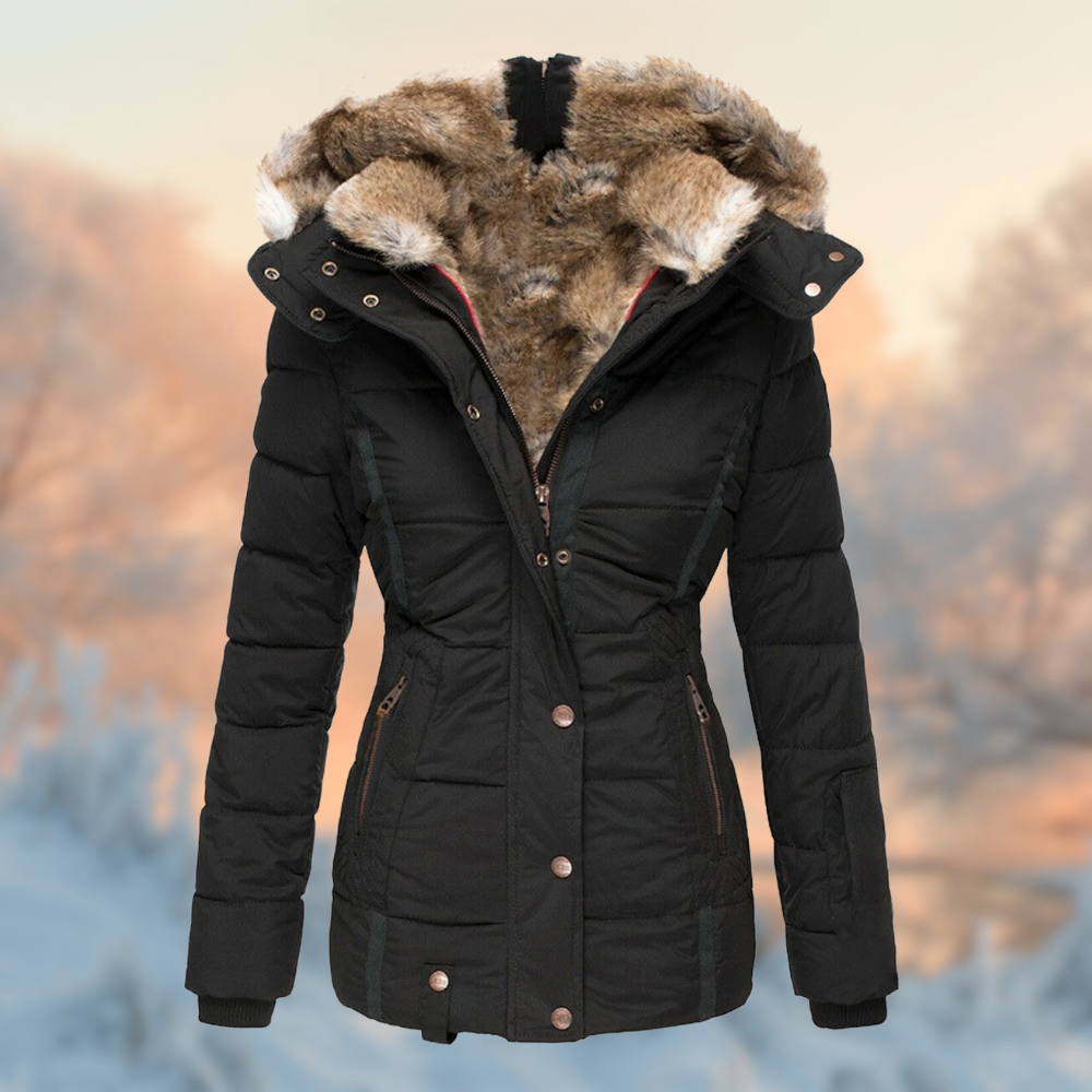 Women's padded winter jacket with furry hood lining and zipped pockets