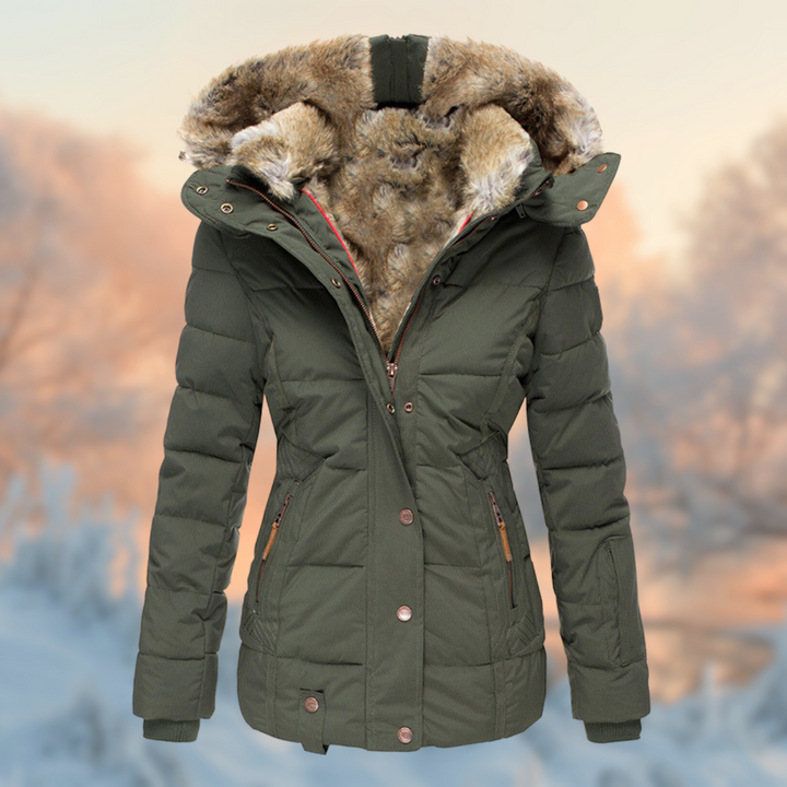Women's padded winter jacket with furry hood lining and zipped pockets
