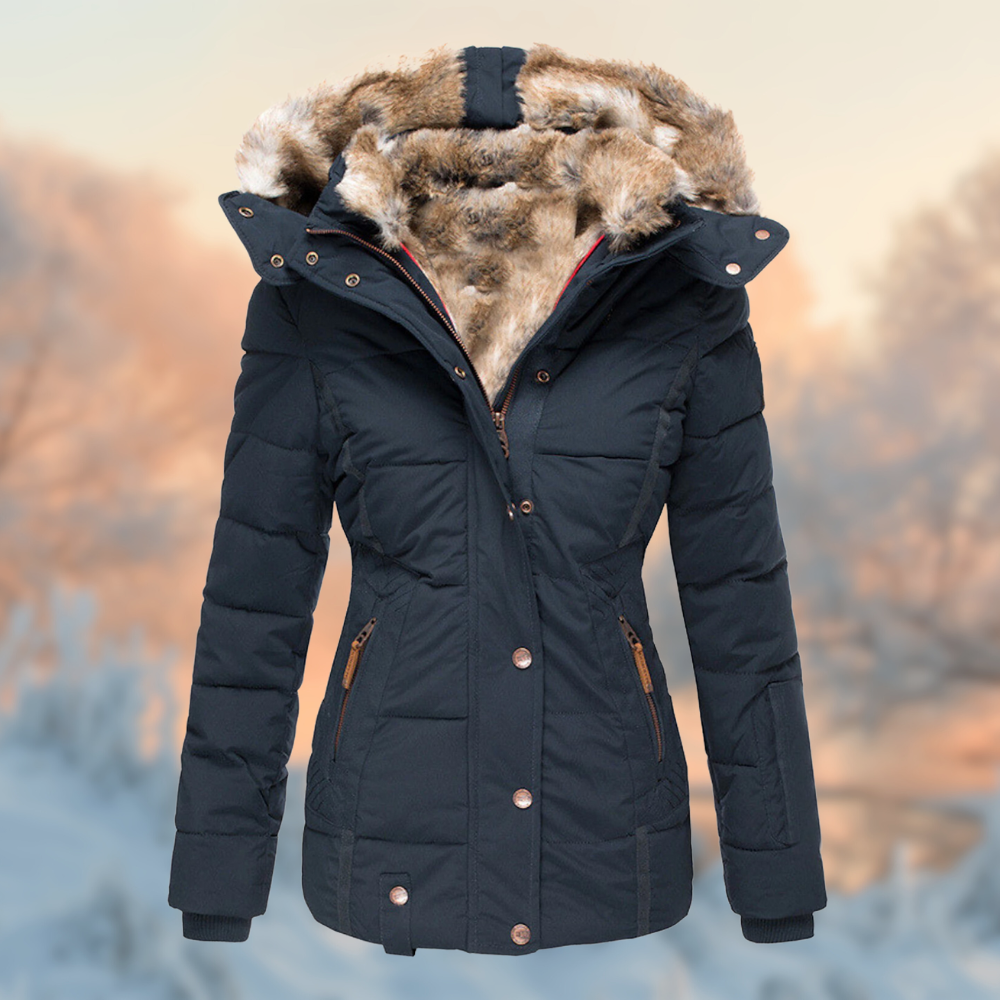 Women's padded winter jacket with furry hood lining and zipped pockets