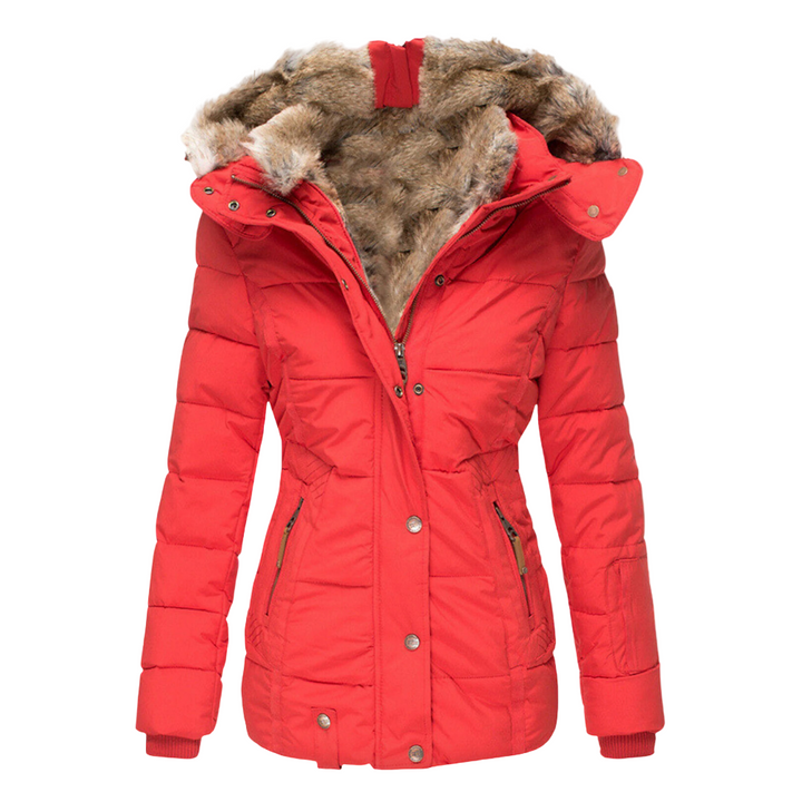Women's padded winter jacket with furry hood lining and zipped pockets