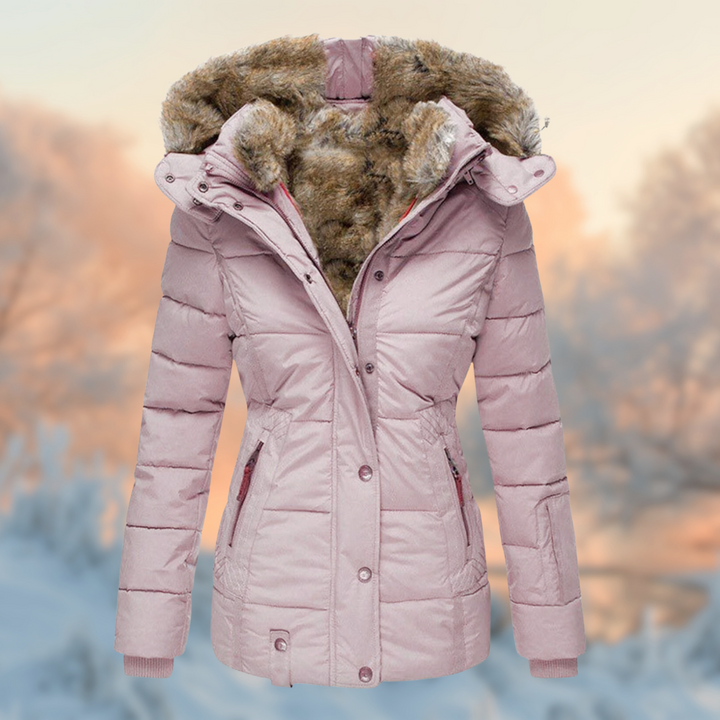 Women's padded winter jacket with furry hood lining and zipped pockets