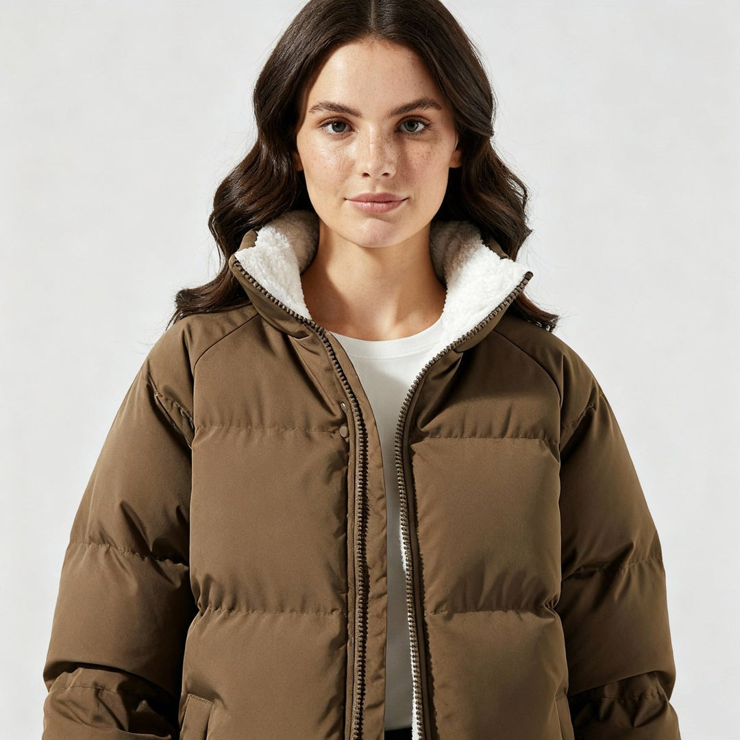 Women's hooded quilted puffer jacket with fleece-look lined hood and zip front