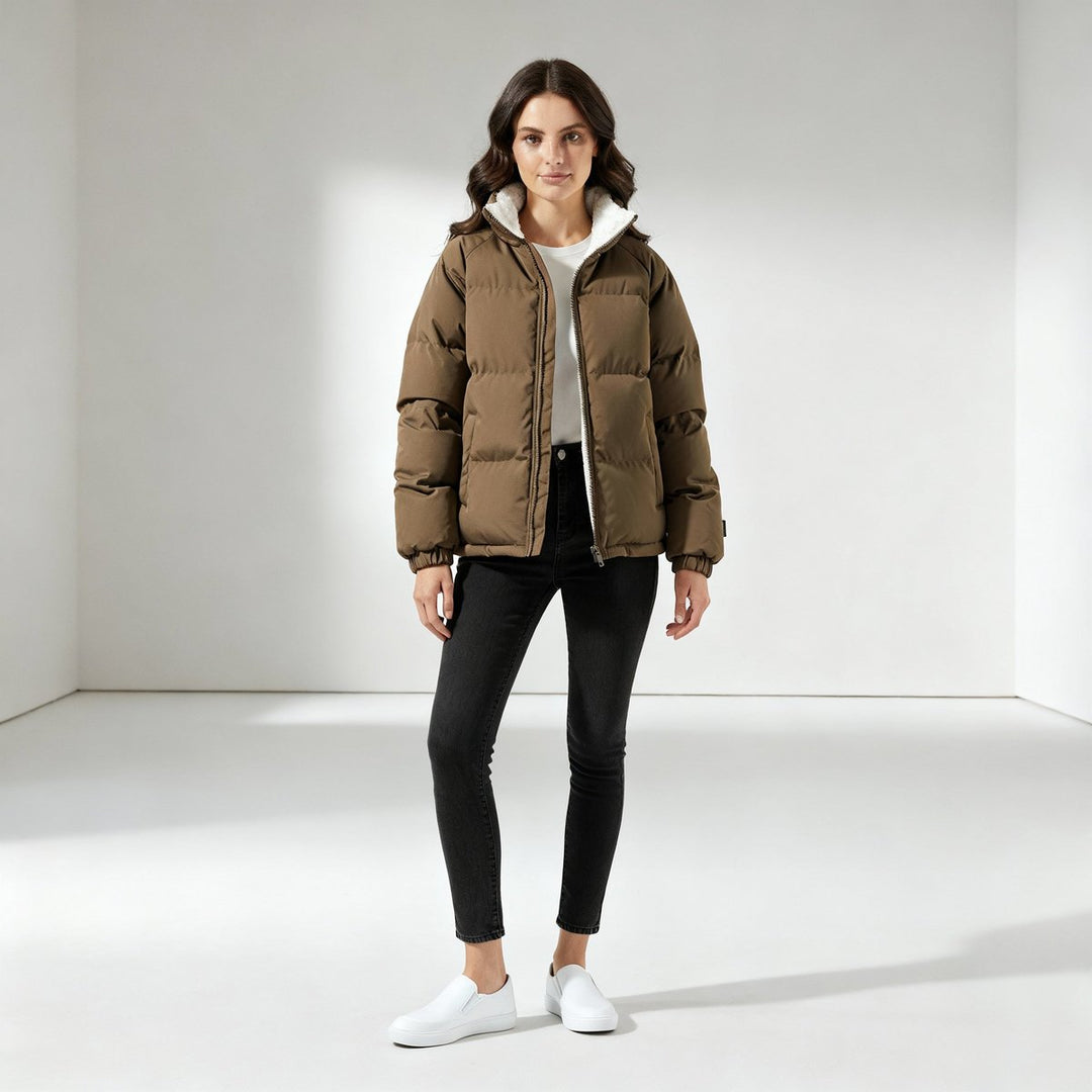 Women's hooded quilted puffer jacket with fleece-look lined hood and zip front