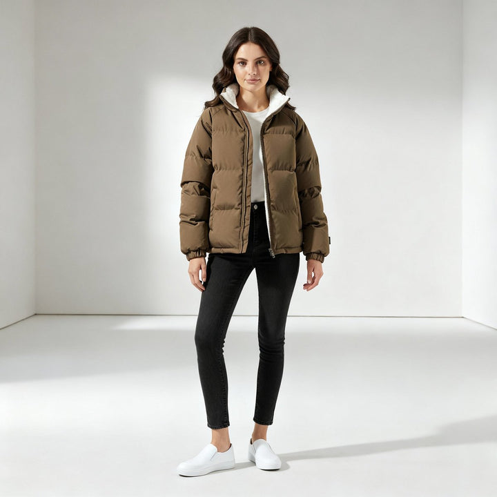 Women's hooded quilted puffer jacket with fleece-look lined hood and zip front