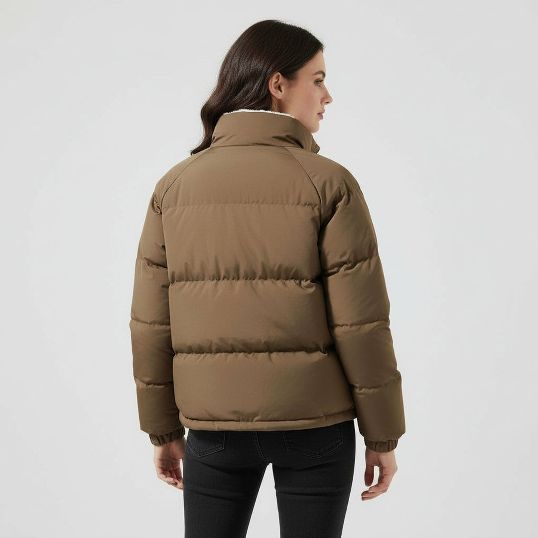 Women's hooded quilted puffer jacket with fleece-look lined hood and zip front