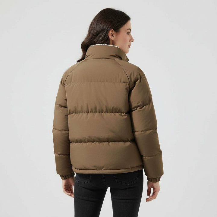 Women's hooded quilted puffer jacket with fleece-look lined hood and zip front