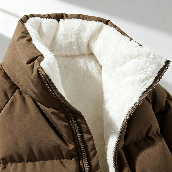 Women's hooded quilted puffer jacket with fleece-look lined hood and zip front