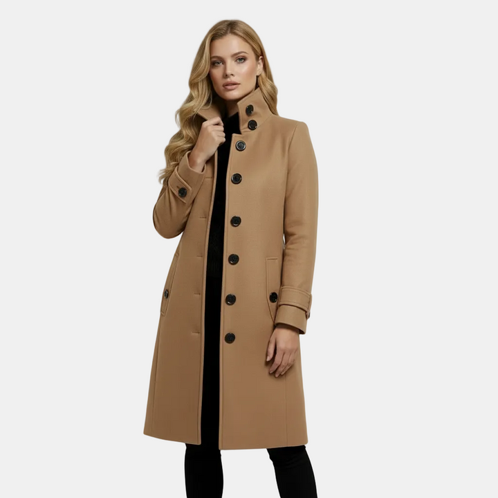 Women's slim fit button front winter trench coat with raised collar and side pockets