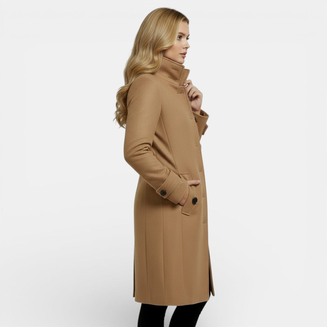Women's slim fit button front winter trench coat with raised collar and side pockets