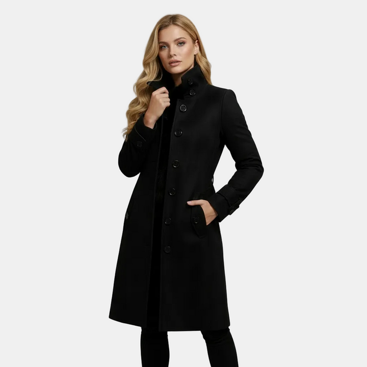Women's slim fit button front winter trench coat with raised collar and side pockets