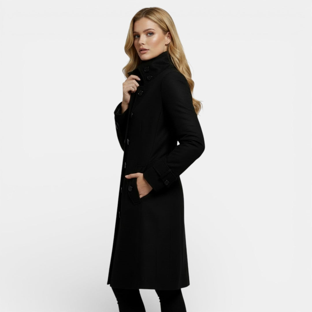 Women's slim fit button front winter trench coat with raised collar and side pockets