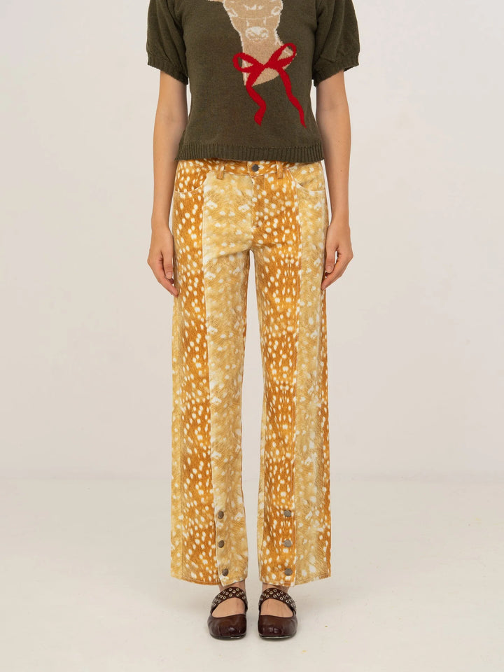 Women's orange deer print wide leg jeans with high waist and button fly