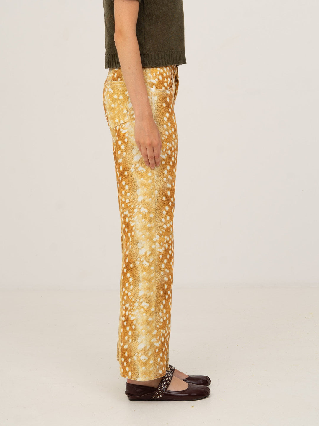 Women's orange deer print wide leg jeans with high waist and button fly